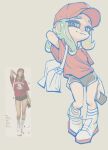 animal_humanoid aquatic aquatic_humanoid baseball_cap boots bottomwear cephalopod cephalopod_humanoid clothing digital_drawing_(artwork) digital_media_(artwork) eyebrows female footwear hand_behind_head hat headgear headwear holding_object hotpants humanoid looking_at_viewer mollusk mollusk_humanoid nintendo octarian octoling octopus_humanoid orange_eyes pseudo_hair raised_eyebrows ratpower reference_image shirt shoes shorts simple_background sketch sling_bag solo splatoon suckers t-shirt tentacle_hair tentacles topwear wavy_mouth