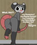 absurd_res american_opossum andromorph anthro bent_over butt dialogue english_text genitals hairless_tail hi_res intersex looking_at_viewer looking_back looking_back_at_viewer lupo_(lupopossum) lupopossum mammal marsupial nude_anthro presenting presenting_hindquarters presenting_vulva solo text vulva