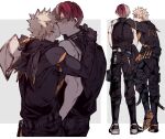  2boys arm_around_shoulder bakugou_katsuki belt black_belt black_gloves black_pants blonde_hair boku_no_hero_academia burn_scar canister commentary_request gloves highres hood hood_down hooded_shirt kiss long_sleeves looking_at_another male_focus multicolored_gloves multicolored_hair multiple_boys multiple_views ojyo_058 pants pouch profile red_hair scar scar_on_face short_hair spiked_hair split-color_hair standing superhero_costume thigh_pouch todoroki_shoto two-tone_gloves very_short_hair yaoi 
