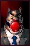 2:3 accessory allornothing angry ball_gag bdsm bodily_fluids bondage bound clothing cougar d.b._cougar(the_bad_guys) dreamworks drool_on_chin eyebrows felid feline gag hi_res light_bondage male mammal narrowed_eyes necktie pantherine pattern_fur raised_eyebrow saliva solo squint suit suit_jacket the_bad_guys whiskers yellow_eyes