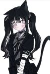  1girl animal_ears arm_belt asymmetrical_gloves bandaged_arm bandaged_hand bandages black_choker black_coat black_dress black_gloves black_hair black_ribbon cat_ears cat_tail choker closed_mouth coat collared_dress dress fish_xxxxxx gloves grey_eyes hair_ornament highres kemonomimi_mode kurobe_nanoka long_hair looking_at_viewer mahou_shoujo_no_majo_saiban neck_ribbon plaid_clothes plaid_dress ribbon simple_background solo tail twintails upper_body white_background 