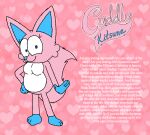 absurd_res animate_inanimate anthro belly biography blue_paws breasts canid canine cuddly_kitsune featureless_breasts female fluffy fluffy_tail fox fox_spirit fur hi_res living_plushie mammal pink_body pink_fur plushie professorventurer simple_background solo tail white_belly