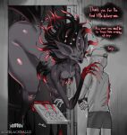 2023 anon anthro bent_over biped box container delivery_(commerce) delivery_employee dialogue digital_media_(artwork) duo english_text eyes_closed felid feline femboy food_delivery grey_body hand_on_shoulder heart_symbol hearts_around_head hi_res human human_on_anthro interspecies larger_anthro larger_male male male_on_anthro male_on_human mammal multicolored_body pizza_box pizza_delivery pseudo_hair red_body size_difference smaller_human smaller_male speech_bubble tentacle_hair tentacles text the_manifestor_(ze_blackball.d) ze_blackball.d