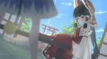 2girls absurdres ball_and_chain_restraint blue_sky blurry bow brown_eyes brown_hair chabudai chest_sarashi chinese_commentary closed_mouth commentary_request day depth_of_field detached_sleeves frilled_bow frilled_hair_tubes frilled_skirt frills hair_bow hair_tubes hakurei_reimu highres ibuki_suika indoors littiecy long_hair multiple_girls red_bow red_skirt ribbon-trimmed_sleeves ribbon_trim sarashi shouji skirt skirt_set sky sliding_doors table torii touhou 