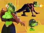 4:3 anthro armor big_breasts bodily_fluids breasts clothed clothing crawling digital_media_(artwork) electronic_arts elemental_creature female flora_fauna flower flower_creature gatling_pea_(pvz) green_body hair headgear helmet hi_res not_furry pimientanas plant plants_vs._zombies popcap_games shooting simple_background solo topwear undressing