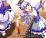  2girls :q animal_ears back_bow blunt_bangs blush bow bowtie brown_hat carrot cellphone chair closed_mouth commentary_request ear_bow feet_out_of_frame gold_ship_(umamusume) grey_hair hat highres holding holding_phone horse_ears horse_girl horse_tail long_hair manman_(nicoseiga_273840) mejiro_mcqueen_(umamusume) multiple_girls one_eye_closed pantyhose phone pillbox_hat pleated_skirt prank puffy_short_sleeves puffy_sleeves purple_bow purple_bowtie purple_eyes purple_shirt school_uniform selfie shirt short_sleeves skirt smartphone smile squatting summer_uniform tail tongue tongue_out tracen_school_uniform translation_request umamusume white_pantyhose white_skirt wooden_floor 