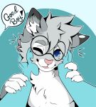 ambiguous_gender anthro blue_eyes cheek_tuft claws digital_media_(artwork) dipstick_ears dipstick_fingers domestic_cat duo ear_markings egyptian_mau eyewear facial_tuft felid feline felis first_person_view fluffy fluffy_chest fur glasses good_boy grey_body hair headpat hi_res looking_at_viewer male male/ambiguous mammal markings multicolored_ears nixuelle nude nude_anthro nude_male one_eye_closed petting petting_pov pink_nose round_glasses simple_background slushie-nyappy-paws smile spots spotted_markings surprised tongue tuft wink ych_(character)