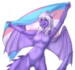 anthro artintess breasts dragon featureless_breasts featureless_crotch female flag flag_(object) hair holding_flag holding_object horn lgbt_pride lgbt_pride_month medium_breasts mythological_creature mythological_scalie mythology navel non-mammal_breasts non-mammal_navel pride_color_flag pride_colors purple_body purple_hair reptile rythmyr scalie simple_background tail_spines trans_(lore) trans_woman_(lore) transgender_pride_colors white_background white_hair