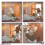 1:1 4_panel_comic ambiguous_gender bodily_fluids brown_body brown_fur canid canine canis clothing comic crying derp_eyes dialogue digital_drawing_(artwork) digital_media_(artwork) domestic_dog duo eijie_nutz emanata english_text eyewear feral floppy_ears fur glasses hi_res hoodie hug hugging_another human light_body light_skin lying male mammal multicolored_body multicolored_fur on_ground on_side onomatopoeia open_mouth orange_body orange_fur shaking sleeping snout sound_effects tears text topwear trembling vowelless vowelless_sound_effect wearing_glasses white_body white_fur zzz