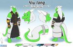 2023 absurd_res anthro belt clothing color_swatch dragon english_text gloves handwear hi_res horn horn_jewelry horn_ring jewelry male mythological_creature mythological_scalie mythology owligatorstudios ring_(jewelry) scalie smile solo text yiu_long