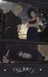  1girl 2boys angry bakugou_katsuki black_hair black_shirt blonde_hair boku_no_hero_academia car car_trunk casual commentary english_commentary english_text highres kuromiikillz long_hair messy_hair mineta_minoru motor_vehicle multiple_boys ponytail shirt sleeveless sleeveless_shirt spiked_hair yaoyorozu_momo 