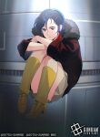  1girl blue_eyes blue_hair blurry blurry_background boots chan_agi char's_counterattack commentary_request company_name copyright_logo copyright_name copyright_notice earth_federation english_text fetal_position gundam gundam_card_game hallway jacket logo malo_(mlpmpmp) military_uniform official_art scene_reference science_fiction short_hair skirt solo spacecraft_interior sunrise_(company) title zero_gravity 