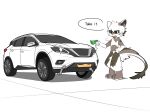 2024 ambiguous_gender anthro bodily_fluids brown_body brown_fur canid canine car dialogue duo eibvdy feral fur hair hi_res holding_money holding_object kemono living_car living_machine living_vehicle machine male male_anthro mammal money open_mouth open_smile simple_background smile speech_bubble talking_to_another tears vehicle wheel white_background white_hair
