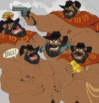 aiming_gun amused anthro barazoku bear beard beer_belly belly belly_grab belly_hair belly_tuft biceps big_belly big_muscles big_pecs black_beard black_clothing black_eyebrows black_facial_hair black_hair black_hat black_headwear black_mustache black_sideburns body_hair brown_body brown_fur burger clothing cowboy cowboy_hat cowboy_hat_only cowboy_outfit dream evil_face evil_grin evil_look eyebrows eyes_closed facial_hair fantasizing food frown fur glare gold_(metal) gold_statue grey_background grin gun gun_smoke hair hand_on_belly hand_on_own_belly handgun happy_trail hat hat_only headgear headgear_only headwear headwear_only hi_res holding_belly holding_gun holding_handgun holding_object holding_own_belly holding_pistol holding_ranged_weapon holding_statue holding_weapon imagining lasso laugh male mammal manly mature_anthro mature_male mostly_nude mostly_nude_anthro mostly_nude_male musclegut muscular muscular_anthro muscular_arms muscular_male mustache navel nipples old_west overweight overweight_anthro overweight_male pecs pistol polartoons poncho profanity ranged_weapon red_clothing red_poncho rope scowl scruffy_(scruffybeast) sculpture sideburns simple_background sleeping smile smirk smoke smoking_gun snoring solo statue thick_arms thick_eyebrows tough_guy tuft ursine weapon wild_west