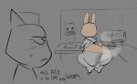 ambiguous_gender animal_hospital_(roblox) anomaly anomaly_(animal_hospital) anthro big_butt bodily_fluids butt butt_cleavage domestic_cat felid feline felis head_nurse_(animal_hospital) hi_res huge_butt intern_(animal_hospital) lagomorph leporid male mammal musk musky_butt nitarustarium overweight rabbit roblox simple_background sweat sweaty_butt text
