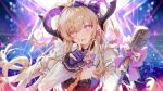  1girl akuroya arknights arknights:_endfield blonde_hair blush bow bowtie breasts chinese_commentary commentary_request curled_horns demon_tail dress earrings finger_to_mouth gloves hairband highres horns jewelry large_breasts liino_(arknights) long_hair looking_at_viewer microphone microphone_stand multicolored_horns open_mouth partially_fingerless_gloves pointy_ears purple_bow purple_bowtie purple_eyes purple_gloves purple_hairband purple_horns shrug_(clothing) shushing singing solo stage stage_lights star-shaped_pupils star_(symbol) symbol-shaped_pupils tail two-tone_horns upper_body white_shrug 