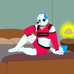 1:1 anthro armwear athletic_wear bedroom blue_body blue_fur brutus_airsoft canid canine canis clothing collar fox fur green_eyes harness hi_res hybrid lamp male mammal pink_clothing service_animal solo wolf