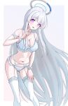  1girl blue_archive bra breasts camomail frilled_bra frilled_panties frilled_thighhighs frills garter_straps halo highres looking_at_viewer mechanical_halo noa_(blue_archive) panties purple_eyes smile solo thighhighs underwear underwear_only white_bra white_garter_straps white_hair white_halo white_panties white_thighhighs 