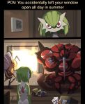 2026 2_panel_comic ace_of_hearts ambiguous_gender antennae_(anatomy) anthro arthropod beedrill black_body black_eyes black_stripes blue_eyes bodily_fluids buzzwole card charjabug comic container cup curtains curtains_open english_text gardevoir generation_1_pokemon generation_2_pokemon generation_3_pokemon generation_7_pokemon glaring glaring_at_another green_hair group hair hi_res holding_object humor multicolored_body muscular muscular_anthro n3kotsu nintendo playing_card pokemon pokemon_(species) poker red_body red_eyes spikes spikes_(anatomy) spinarak striped_body stripes summer sweat sweatdrop ten_of_clubs text thermostat ultra_beast white_body wings yellow_body