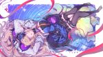  1girl :o arched_back arknights arknights:_endfield arm_above_head black_thighhighs blue_dress blue_gloves border bow bowtie breasts brown_hair cleavage clothing_cutout curled_horns demon_girl demon_horns demon_tail dress earrings frilled_dress frills from_above full_body game_asset gloves hair_spread_out hairband heart heart_earrings heart_o-ring highres horns jewelry layered_dress liino_(arknights) long_hair long_sidelocks looking_at_viewer lying lying_upside-down medium_breasts multicolored_horns no_shoes o-ring o-ring_thigh_strap official_art on_back outside_border partially_fingerless_gloves ponytail purple_bow purple_bowtie purple_eyes red_ribbon ribbon ripples shrug_(clothing) sidelocks solo sparkle star-shaped_pillow star-shaped_pupils star_(symbol) strapless strapless_dress symbol-shaped_pupils tail thigh_cutout thigh_strap thighhighs third-party_source two-tone_horns white_border white_shrug youguo_naberu zettai_ryouiki 