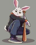 4:5 absurd_res anthro baseball_bat bat_(object) brown_eyes clothing footwear fur hi_res hoodie javidraw lagomorph leporid looking_at_viewer male mammal rabbit scut_tail shoes short_tail solo tail topwear white_body white_fur