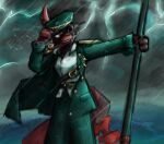 alexleviafan anthro artificer_(rain_world) belt clothed clothing digital_media_(artwork) electricity eye_scar facial_scar felid female hat headgear headwear lightning limbus_company mammal military_uniform navy navy_uniform open_mouth peaked_cap project_moon rain_world red_body scar shadowed_eyes slugcat smile smoke smoking smoking_pipe solo tail uniform videocult