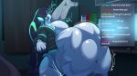 ambiguous_gender ambiguous_prey anthro anthro_pred barely_visible_genitalia barely_visible_penis belly big_belly blu_(bludoe) blue_body blue_fur bottomless chat chat_box clothed clothing deer digital_media_(artwork) duo english_text foxynoms fur furniture gaming_chair genitals hair hi_res livestream male male_pred mammal oral_vore penis text vore white_body white_fur white_hair
