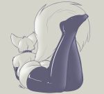  2018 anthro big_tail breasts butt canine clothed clothing collar digital_media_(artwork) female fluffy fluffy_tail fox grey_background greyscale head_tuft hi_res legs_up legwear long_tail lying mammal monochrome on_front rear_view rubber signature simple_background skipsy solo stockings thigh_highs 