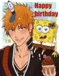  2boys aqua_background birthday black_shoes bleach border brown_eyes brown_shorts buck_teeth burger crossover cupcake dated east-west_crossover food fruit hair_between_eyes happy_birthday hat highres holding holding_food kurosaki_ichigo luvlyroseve male_focus multiple_boys necktie orange_hair parted_lips red_necktie shihakusho shirt shoes short_hair shorts sitting_on_shoulder smile socks spiked_hair sponge spongebob_squarepants spongebob_squarepants_(series) strawberry teeth twitter_username white_border white_hat white_shirt white_socks 