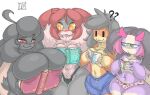 annoyed anthro antlers big_breasts big_ears black_body black_clothing black_eyes black_fur black_hair black_panties black_underwear blue_bottomwear blue_clothing blue_eyes blue_shorts blush blush_lines book book_covering_breasts bottomwear breast_awe breast_envy breasts brown_hair buckteeth bunny_hunter_(do!_games) clothing covering covering_breasts do!_games eyelashes female floppy_ears fluffy_(bunny_hunter) front_view fur gloves_(marking) grey_body grey_fur group hair hi_res holding_book holding_object horn huge_breasts huge_ears jackalope jackalope_(bunny_hunter) lagomorph leporid lop_ears mammal markings meme mostly_nude oblivious orange_(bunny_hunter) orange_body orange_eyes orange_fur panties pink_body pink_fur pink_hair pink_horn purple_body purple_fur question_mark rabbit red_eyes shorts simple_background small_breasts smile smug strawberry_panties tan_body tan_fur teeth thick_thighs underwear white_background wide_hips yellow_body yellow_fur yin_(bunny_hunter)