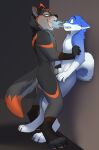 absurd_res animal_genitalia anthro black_body black_fur black_nose blue_body blue_eyes blue_fur blue_tongue canid canine canis deaton duo fading_colors forced fully_sheathed fur genitals grey_body grey_fur hi_res hybrid jailbird male male/male mammal nails orange_body orange_eyes orange_fur paws pink_tongue pinned pinned_arms pinned_to_wall sheath shocked smile smirk soul soul_vore stihl surprised tail tongue vore white_body white_fur wolf wolfdog