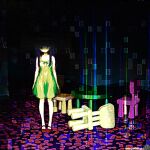  1girl abstract_background chair chromatic_aberration dark dark_background dress full_body furude_rika glitch green_dress highres higurashi_no_naku_koro_ni horror_(theme) kristianmaksak5 long_hair looking_at_viewer purple_hair red_shoes scanlines shadow shoes sleeveless sleeveless_dress solo standing sundress surreal table watermark weirdcore 
