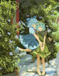  >_< 2girls ^_^ antennae aqua_hair barefoot blue_bow blue_dress blue_hair bow butterfly_wings chinese_commentary cirno closed_eyes collared_shirt commentary_request detached_wings dress eternity_larva fairy gaiyonghunichengyinshexianweiguiwufaxianshi green_dress hair_bow highres ice ice_wings insect_wings leaf leaf_on_head multicolored_dress multiple_girls neck_ribbon open_mouth outdoors pinafore_dress plant red_ribbon ribbon shirt short_hair sleeveless sleeveless_dress smile stairs toes touhou white_shirt wings yellow_wings 