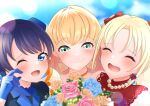  3girls :d ;d ^_^ absurdres aokiotemoto aqua_eyes awoke_(love_live!) blonde_hair blue_background blue_eyes blue_flower blue_gloves blue_hair blue_hat blush bouquet bow c: chromatic_aberration closed_eyes commentary_request crying crying_with_eyes_open do!_do!_do!_(love_live!) flower gloves hair_bow hair_intakes hasu_no_sanrenka hat highres hinoshita_kaho holding holding_bouquet long_hair looking_at_viewer love_live! love_live!_hasu_no_sora_jogakuin_school_idol_club mini_hat multiple_girls murano_sayaka one_eye_closed open_mouth orange_flower orange_hair osawa_rurino perennial_(love_live!) pink_flower red_bow smile suisai_sekai tearing_up tears tilted_headwear twintails virtual_graduation_commemoration virtual_youtuber 