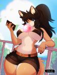 ahoge anthro bangs big_breasts big_nipples bikini bikini_top black_hair black_nails blue_eyes bottomwear breasts bubble_gum canid canine clothing colored colored_nails day digital_drawing_(artwork) digital_media_(artwork) electronics eyelashes female female_anthro fingers fox hair hi_res holding_object holding_phone inner_ear_fluff leaf leaning leaning_forward long_hair low-angle_view mammal midriff multicolored_body nails navel nipple_outline nipples orange_body outside phone ponytail shaded shorts sky small_waist solo swimwear tail tan_body thick_thighs tuft two-piece_swimsuit two_tone_body ziffir