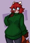 2026 ailurid anthro biped blue_eyes blush bottomwear breasts clothed clothed_anthro clothed_female clothing digital_drawing_(artwork) digital_media_(artwork) eyebrow_through_hair eyebrows eyewear female fingers front_view fully_clothed fully_clothed_anthro fully_clothed_female fur glasses green_clothing green_sweater green_topwear hair hi_res liz_(mewgle) looking_aside mammal markings mewgle red_panda ring_(marking) ringed_tail round_glasses simple_background smile solo standing striped_markings striped_tail stripes sweater tail tail_markings teeth topwear translucent translucent_hair wearing_glasses