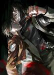  2boys black_jacket blood blood_on_hand brown_hair brown_jacket commentary cropped_jacket eren_yeager green_eyes hair_between_eyes highres holding holding_key i2d0012 jacket jewelry key key_necklace male_focus military_jacket multiple_boys necklace open_mouth paradis_military_uniform parted_bangs shingeki_no_kyojin shirt short_hair survey_corps_(emblem) three-dimensional_maneuver_gear time_paradox upper_body white_shirt 