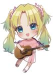  1girl :d acoustic_guitar blonde_hair blue_hair chibi chibi_only commentary_request curtained_hair echoes_beyond_(love_live!) fang flower flower_stand_art full_body gradient_hair guitar hair_flower hair_ornament highres hino_(hinonoq) holding holding_guitar holding_instrument instrument looking_at_viewer love_live! love_live!_hasu_no_sora_jogakuin_school_idol_club multicolored_hair open_mouth osawa_rurino parted_bangs pink_flower pink_shirt pink_skirt pleated_skirt shirt simple_background skirt smile solo t-shirt twintails white_background 