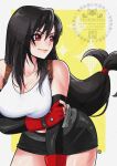  1girl arm_under_breasts bare_shoulders belt black_hair black_skirt black_sleeves breasts closed_mouth collarbone commentary_request cowboy_shot crop_top detached_sleeves english_commentary final_fantasy final_fantasy_vii fingerless_gloves floating_hair gloves grey_belt highres large_breasts leaning_forward long_hair looking_to_the_side low-tied_long_hair miniskirt pencil_skirt red_eyes red_gloves shikiwo signature skirt smile solo suspender_skirt suspenders tank_top tifa_lockhart very_long_hair white_tank_top 