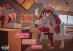 animal_genitalia animal_penis anthro balls bent_over blue_eyes bottomwear butt canid canine canine_genitalia canine_penis cashier claws clothed clothed_sex clothing drakawa english_text erection fast_food_employee fast_food_restaurant fast_food_uniform finger_claws fur generation_7_pokemon genitals group hot_dogging knot logo_parody lycanroc male male/male mammal menu midday_lycanroc midnight_lycanroc nintendo pants pawpads penis pokemon pokemon_(species) public public_sex red_body red_eyes red_fur restaurant sex snout text toe_claws trio unprofessional_behavior