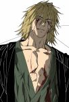  1boy 2025_tanso beard_stubble black_haori bleach blonde_hair blood blood_from_eyes blood_on_chest blood_on_clothes blood_on_face facial_hair grey_kimono hair_between_eyes haori highres japanese_clothes kannonbiraki_benihime_aratame_(bankai) kimono looking_at_viewer male_focus medium_hair messy_hair parted_lips pectorals solo stitched_face stitches stubble upper_body urahara_kisuke white_background 