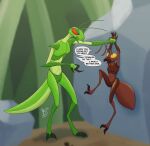 3_fingers absurd_res against_surface ambiguous_gender ant antennae_(anatomy) anthro arthropod arthropod_abdomen birbdrain bodily_fluids claws dialogue digital_drawing_(artwork) digital_media_(artwork) digitigrade duo exoskeleton fingers grass green_body hi_res holding_another hymenopteran insect larger_male male male/ambiguous mandibles mantis pincers plant red_body red_eyes rock size_difference speech_bubble sweat sweatdrop yellow_eyes
