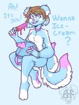 3:4 3_eyes alien anthro asarnurulla backpack bracelet canid canine dessert dialogue english_text female food fur hi_res highlights_(coloring) ice_cream jewelry joki_nami mammal multi_eye multicolored_body multicolored_fur sitting solo text