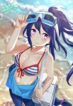  1girl absurdres bikini birthday blue_bodysuit blue_hair blush bodysuit breasts collarbone commentary_request day diving_suit eyewear_on_head front-tie_bikini_top front-tie_top happy_birthday highres large_breasts lips long_hair looking_at_viewer love_live! love_live!_sunshine!! matsuura_kanan open_bodysuit open_clothes outdoors ponytail purple_eyes sidelocks smile solo striped_bikini striped_clothes swimsuit unzipped ushaku wetsuit 