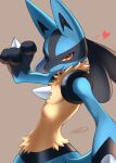 2026 3_fingers amber_eyes ambiguous_anthro ambiguous_gender anthro biped black_body black_fur black_inner_ear black_markings blue_body blue_fur blue_tail canid chest_spike digital_drawing_(artwork) digital_media_(artwork) facial_markings fingers fur generation_4_pokemon gloves_(marking) hand_spike head_markings heart_symbol hi_res japanese_description looking_at_viewer lucario mammal markings mask_(marking) neck_tuft netiel nintendo nude nude_ambiguous nude_anthro one_eye_closed open_mouth pointy_ears pokemon pokemon_(species) prick_ears signature simple_background solo spikes spikes_(anatomy) standing tail tan_body tan_fur tongue tongue_out tuft wink winking_at_viewer