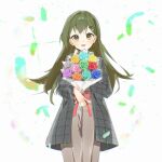  1girl blue_flower blue_rose bouquet brown_eyes brown_pants coat commentary cowboy_shot falling_feathers feathers flower green_feathers green_flower green_hair green_rose grey_coat grey_flower grey_rose hair_ornament hairclip highres holding holding_bouquet long_hair long_sleeves love_live! love_live!_hasu_no_sora_jogakuin_school_idol_club ogami_sachi ogami_sachi_(post-graduation_casual) open_clothes open_coat orange_flower orange_rose pants parallel_hairclips pink_flower pink_rose promotional_art purple_flower purple_rose red_flower red_rose rose solo straight_hair textless_version yellow_flower yellow_rose zen66574227 
