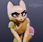 3d_(artwork) absurd_res anthro blender_(artwork) bottomwear clothing dark_pupils digital_media_(artwork) domestic_cat eyebrows felid feline felis female gradient_background hi_res iglooder juno_(junoandmaxx) junoandmaxx looking_at_viewer mammal shirt shorts simple_background solo thick_eyebrows topwear wide_hips yellow_body