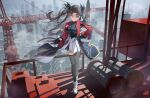  1girl absurdres aqua_eyes asymmetrical_legwear black_gloves black_hair black_pantyhose black_shirt black_thighhighs bow breasts chinese_commentary commentary_request crane_(machine) earrings fate/stay_night fate_(series) fog full_body gem gloves hair_bow highres honkai:_star_rail honkai_(series) hoop_earrings jacket jewelry liangfangliangfangliang long_hair medium_breasts official_alternate_costume outdoors pantyhose pendant red_gem red_jacket rin's_pendant_(fate) shirt skirt sky smile solo thighhighs tohsaka_rin tohsaka_rin_(honkai:_star_rail) twintails two_side_up white_skirt 