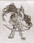 ambiguous_gender arrow_(weapon) avian bandage_on_head beak bird black_hair bottomwear bow_(weapon) clothing collared_shirt dress_shirt duo empty_eyes feet feral footwear hair heron holding_object holding_weapon human leviticusr looking_at_another maki_mahito male mammal monochrome narrowed_eyes open_beak open_mouth pants pelecaniform ranged_weapon shirt shoes short_hair simple_background size_difference sketch talons the_boy_and_the_heron toes topwear traditional_media_(artwork) weapon winged_arms wings