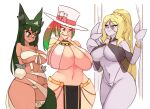  3girls amenankhnas-talia_ife animal_ears animal_hands anubis_(monster_girl_encyclopedia) blonde_hair braid braided_base breasts colored_skin dark-skinned_female dark_skin elizabeth_(wight) green_hair grey_skin huge_breasts jackal_ears jackal_tail large_breasts monster_girl monster_girl_encyclopedia multicolored_hair multiple_girls original ponytail ponytail_with_braided_base rtil wight_(monster_girl_encyclopedia) 